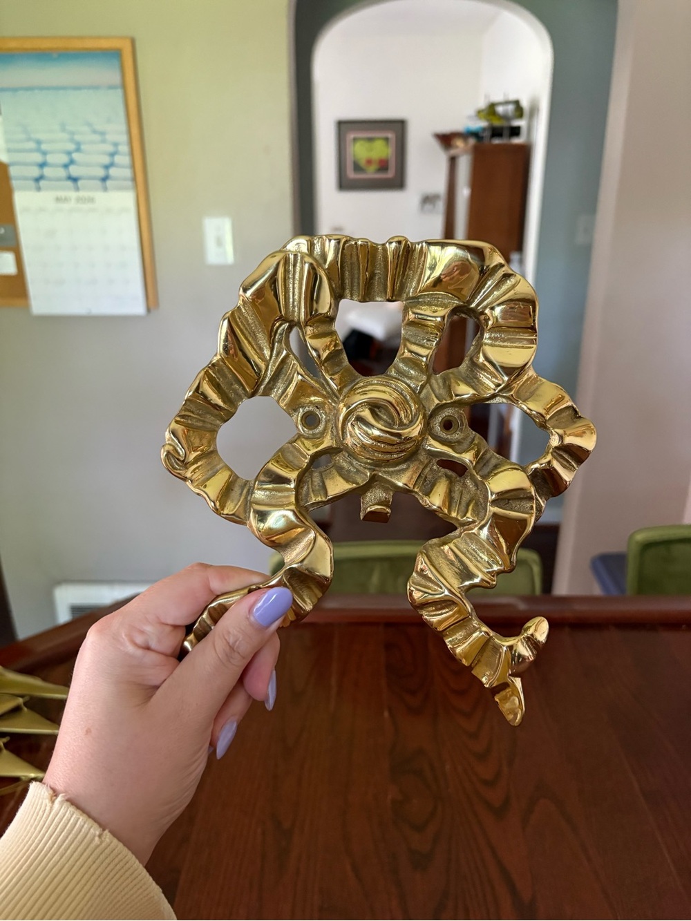 Vintage Lacquered Brass Ribbon Bow Hook